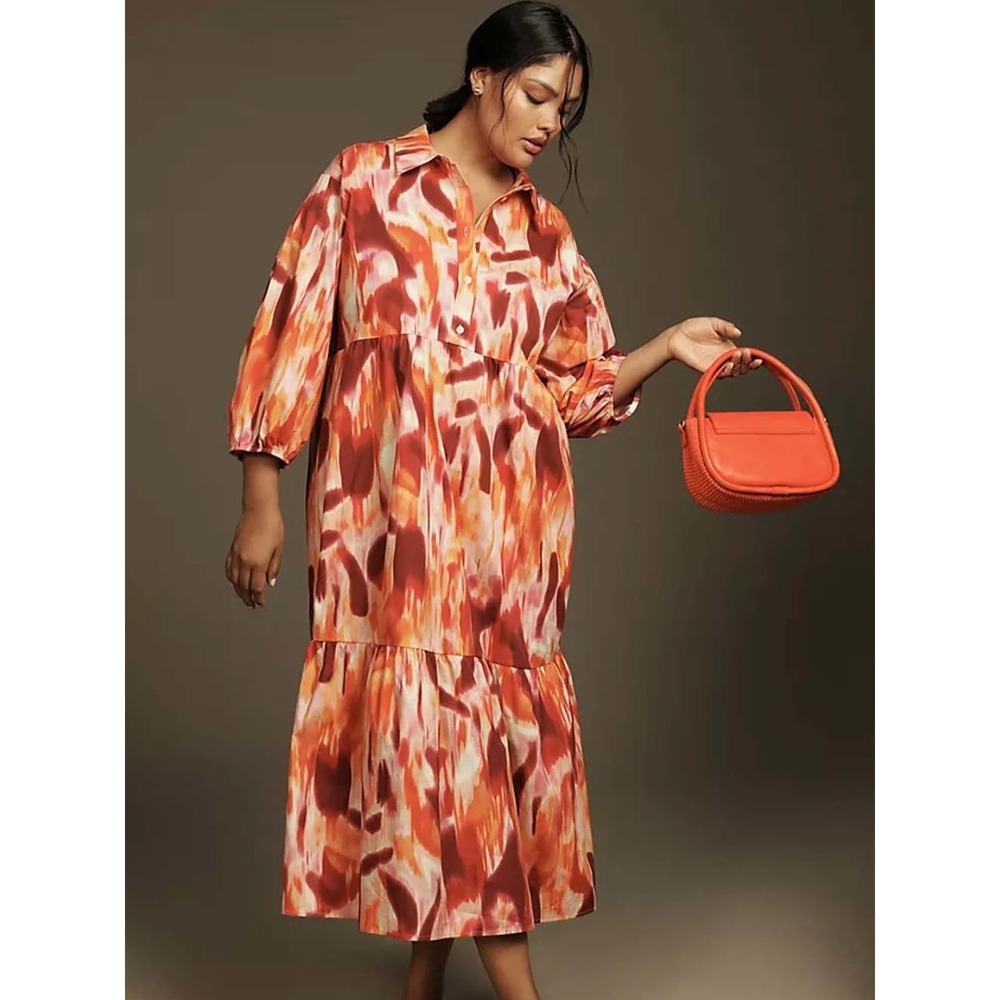 Maeve by Anthropologie Abstract Watercolor Tiered Shirt Dress Orange Red Small